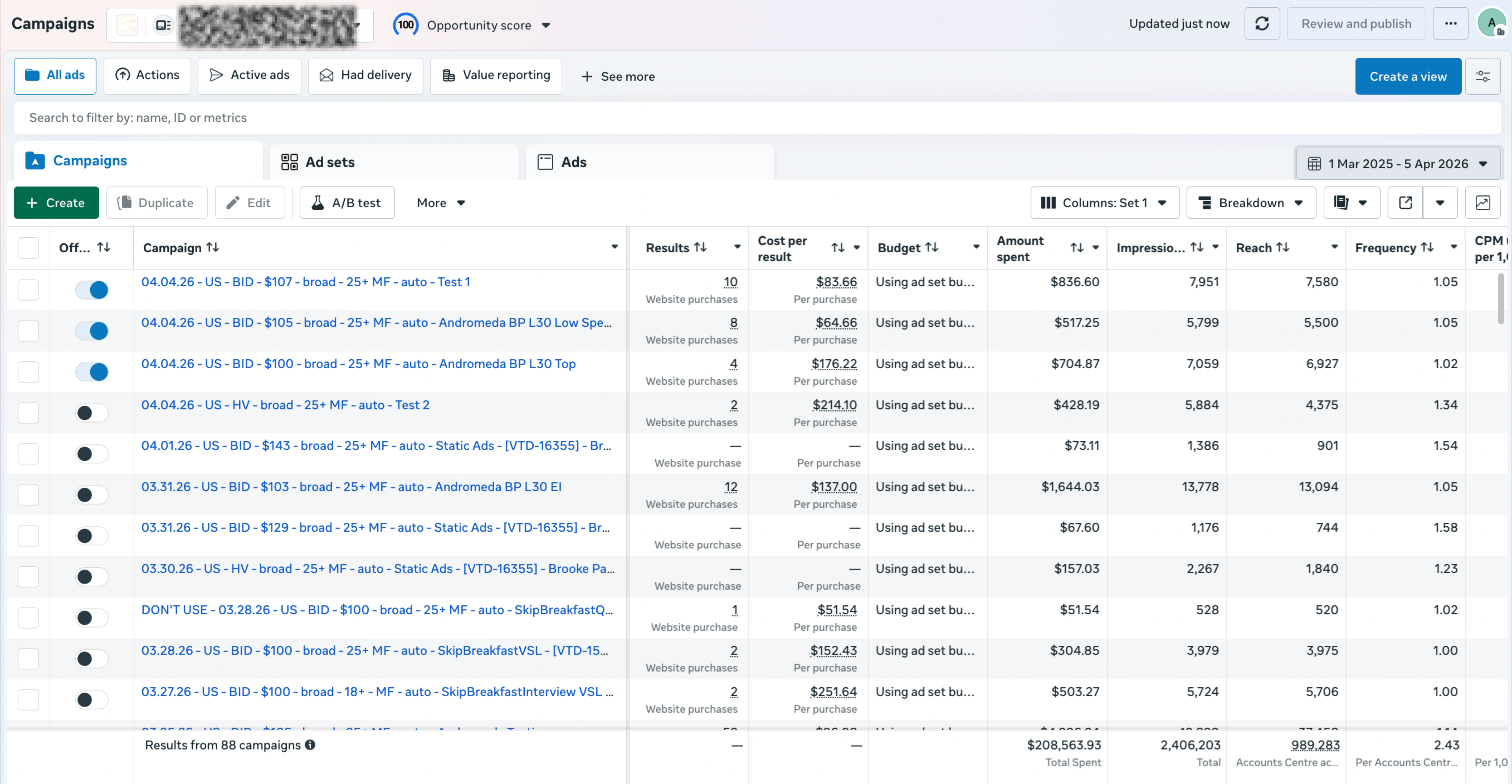 E-commerce client Meta Ads Manager campaign results